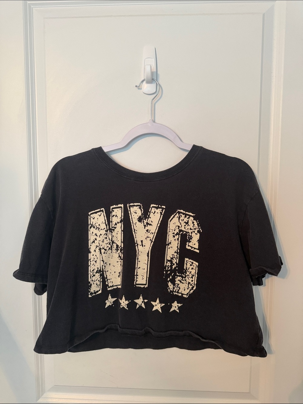 Five Star Black Cropped Tee with Distressed White NYC Graphic